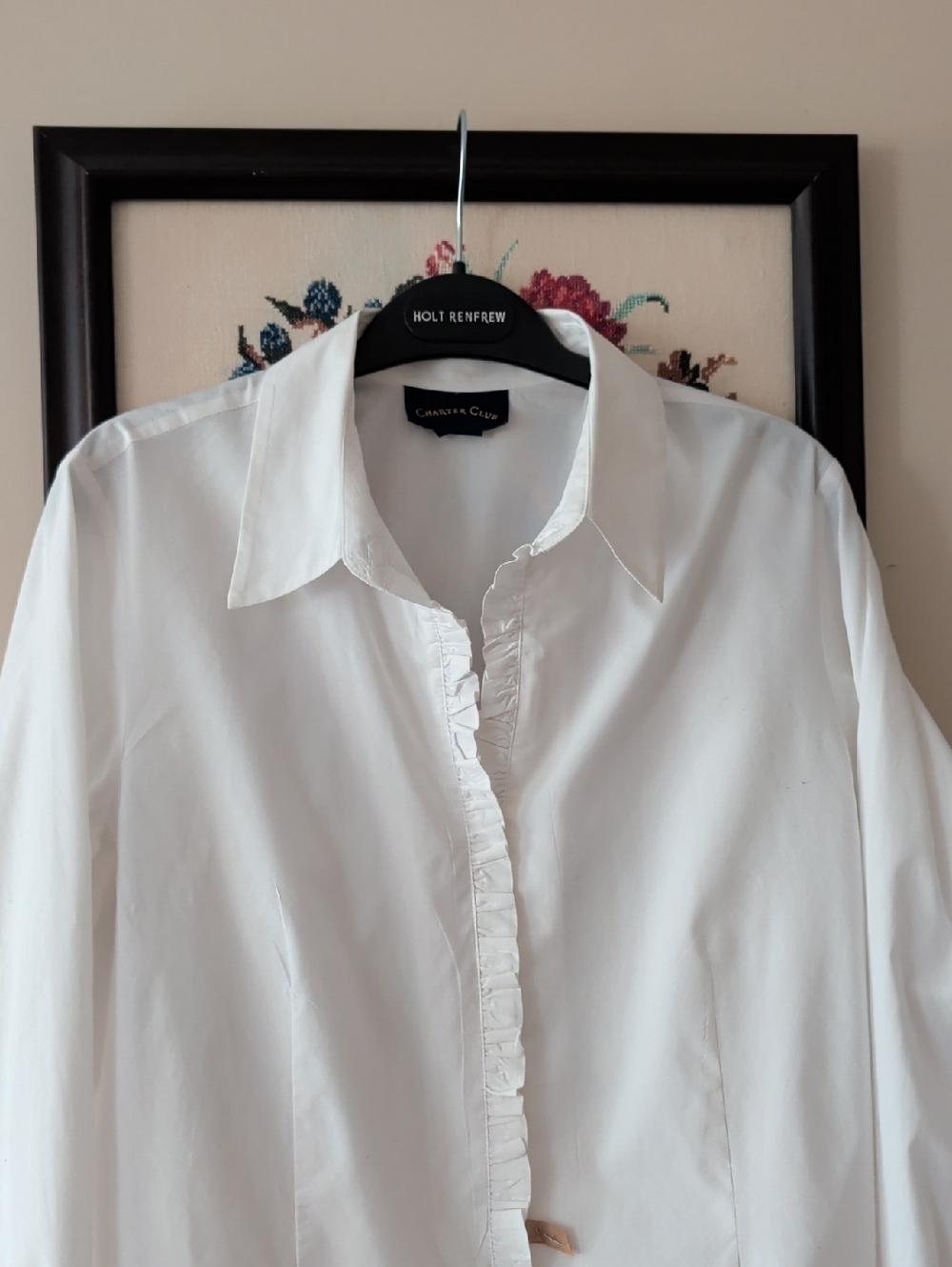 White Ruffled Front Button-Down Blouse - Picture 3 of 12